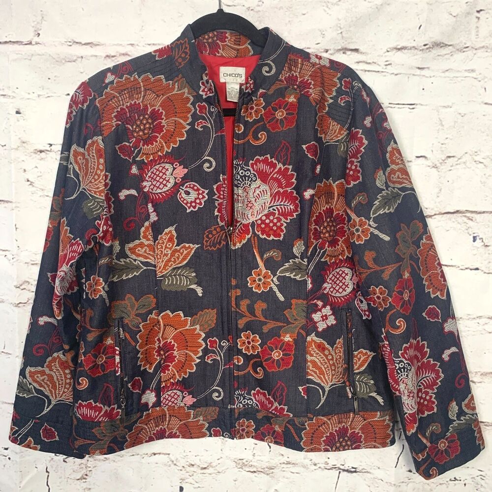Chico's Grey Black Deep Red Orange White Floral Jacket Blazer Size 2 Large 12